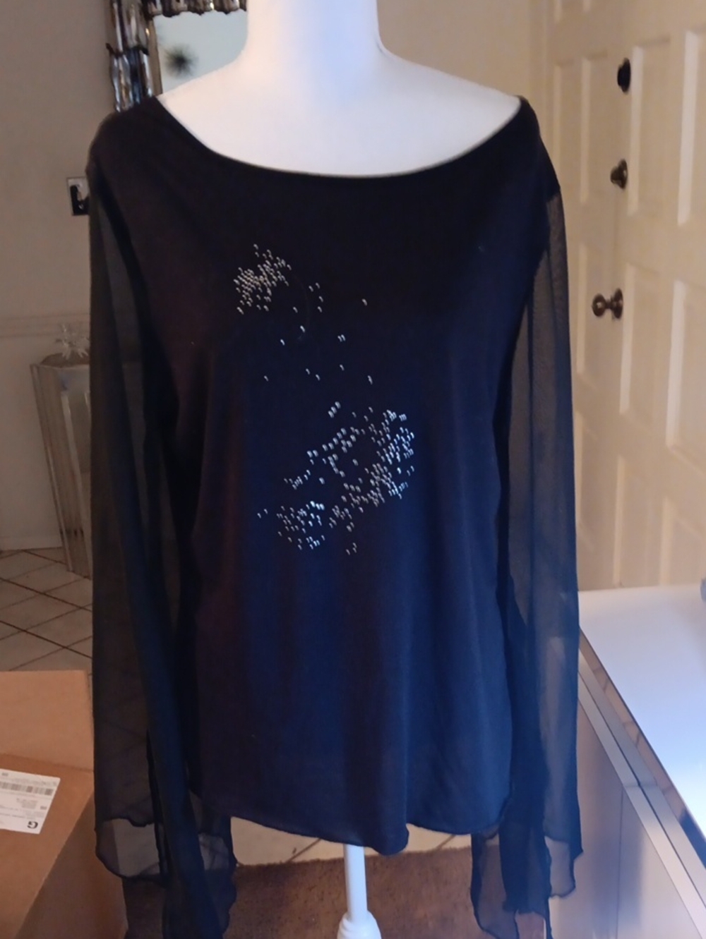 Black Sheer-Sleeve Blouse with Subtle Rhinestone Accent